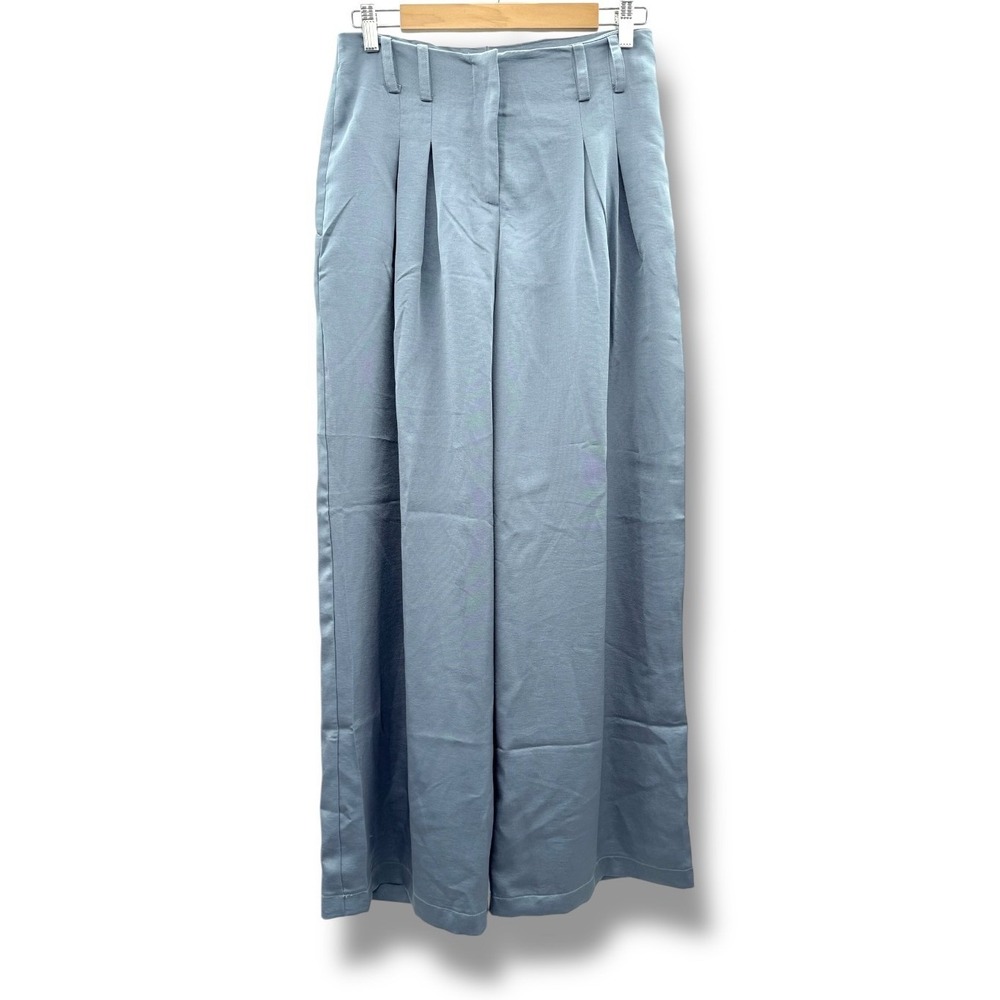 NSR Wide Leg Pleated Pants Women Medium Blue Flowing Elegant Palazzo Satin NWT